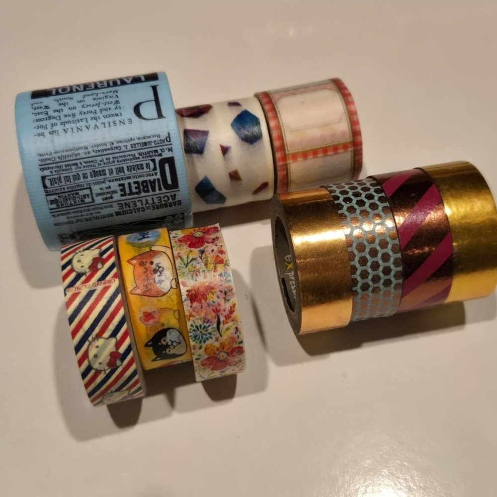 10 Pc Washi Tape Bundle Scrapbook Journal, Hello Kitty, Shiba, Gold Foil, Gems